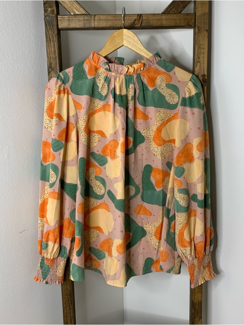 Jules & James Abstract Print Long-Sleeve Blouse in Pink/Green/Orange Size S
